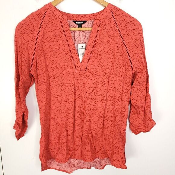 Express TOp Womens Size XS Polka Dot New Roll Tab Sleeves V Neck Red New - Picture 1 of 9